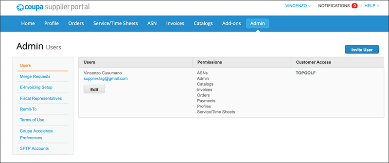 Screenshot of Coupa Admin Screen